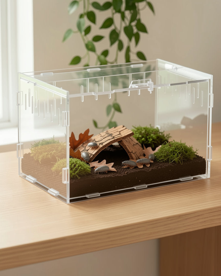 Low acrylic enclosure with isopods on soil and oak leaves; the isopods, soil, leaves, cork and moss are not included