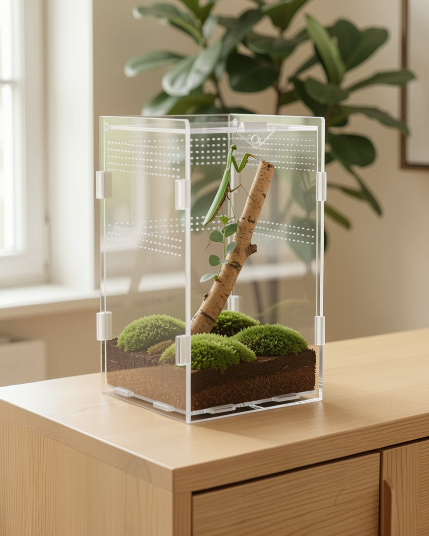 A tall acrylic enclosure like the one in the set with a praying mantis on a branch; the mantis, soil and moss are not included