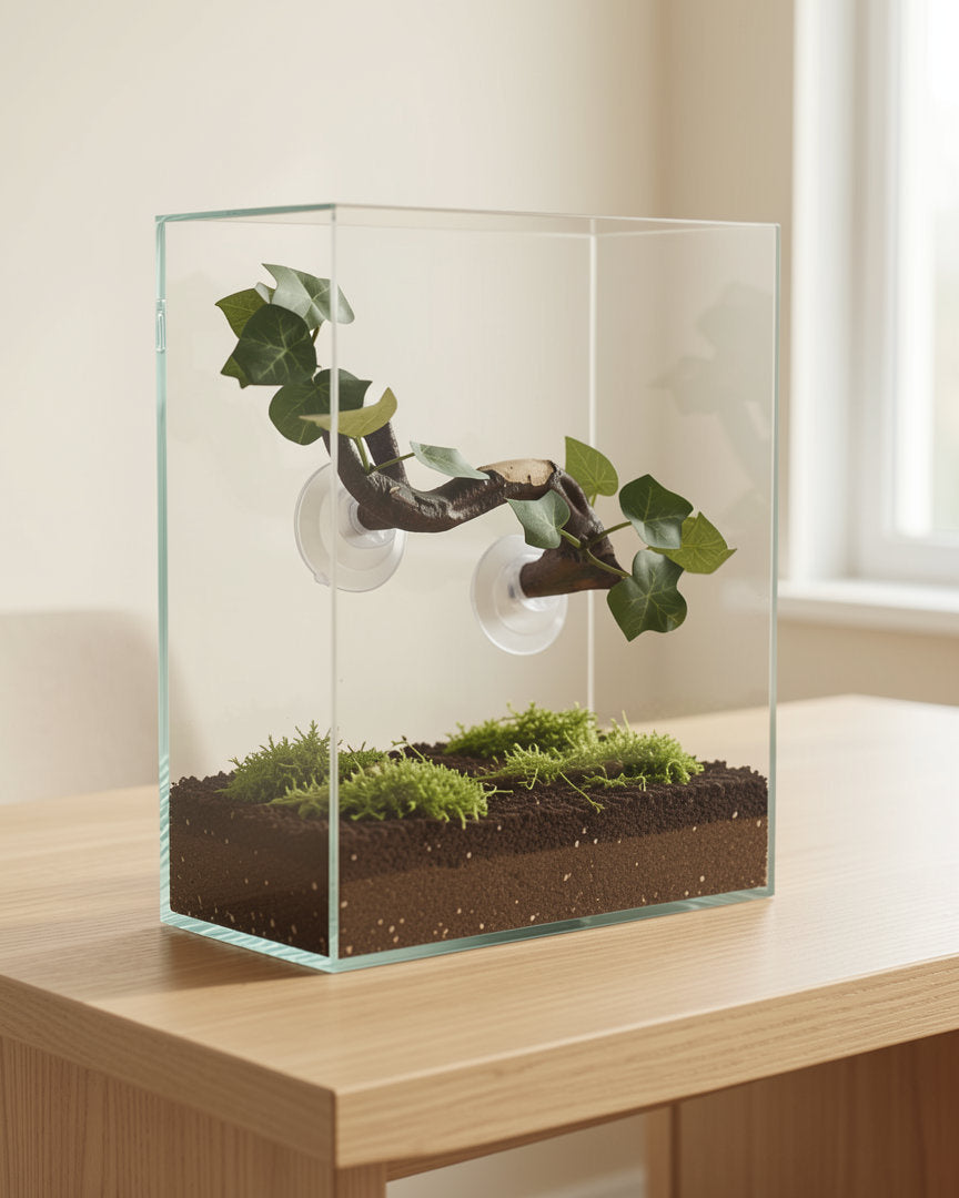 Branch fixed with its suction cups inside an enclosure that is not included