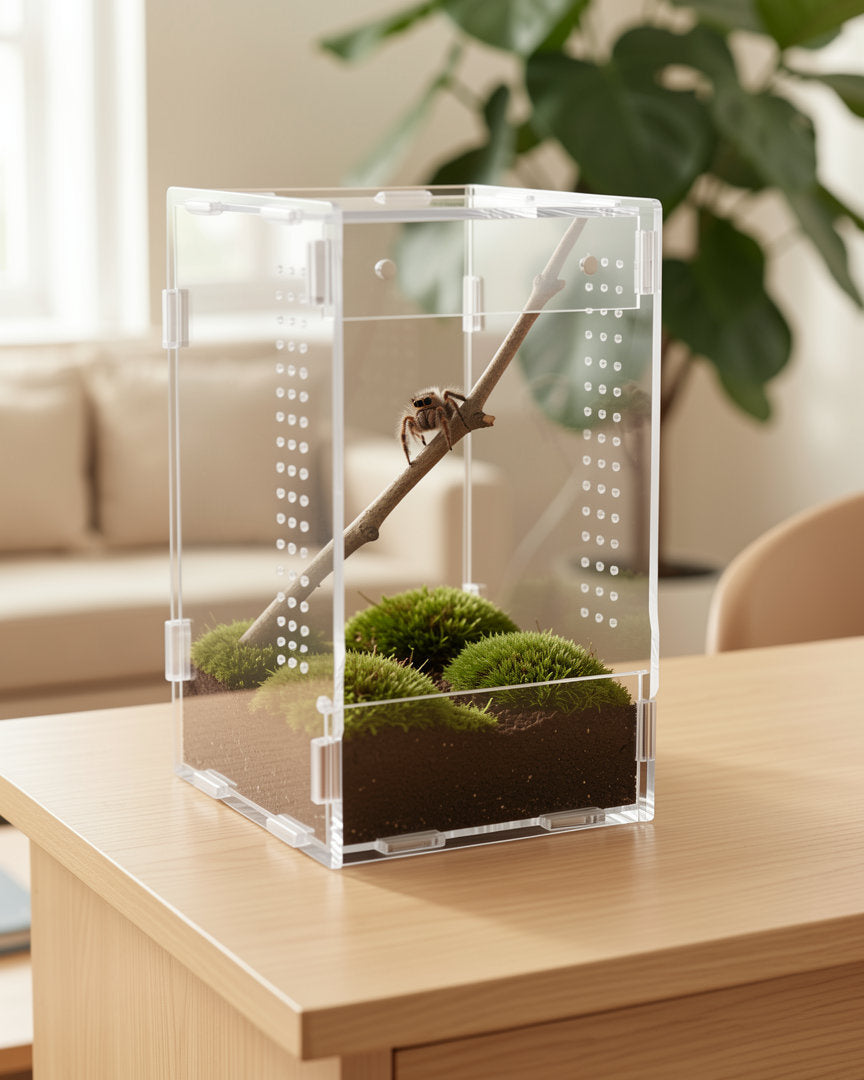Front door enclosure on a desk with a jumping spider on a branch; the spider, soil, moss and branch are not included