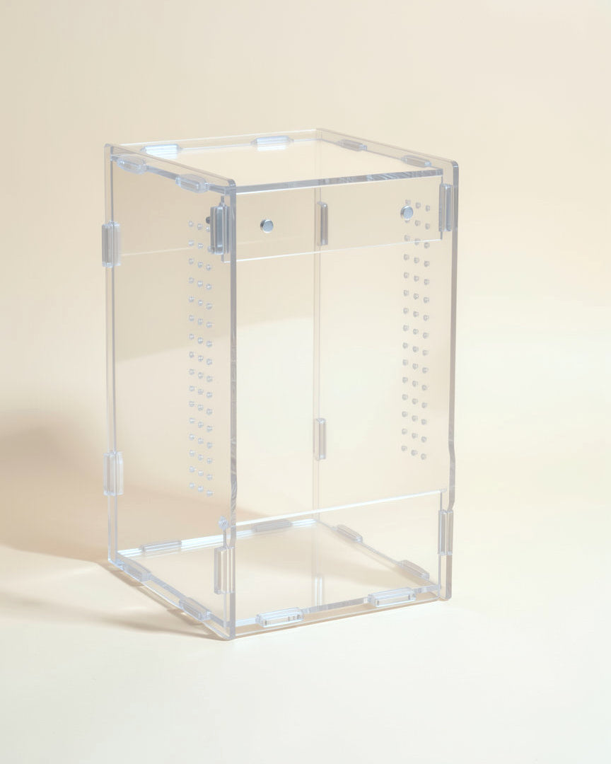 Acrylic jumping spider enclosure with magnetic front door, 7.9 in tall, empty, studio photo