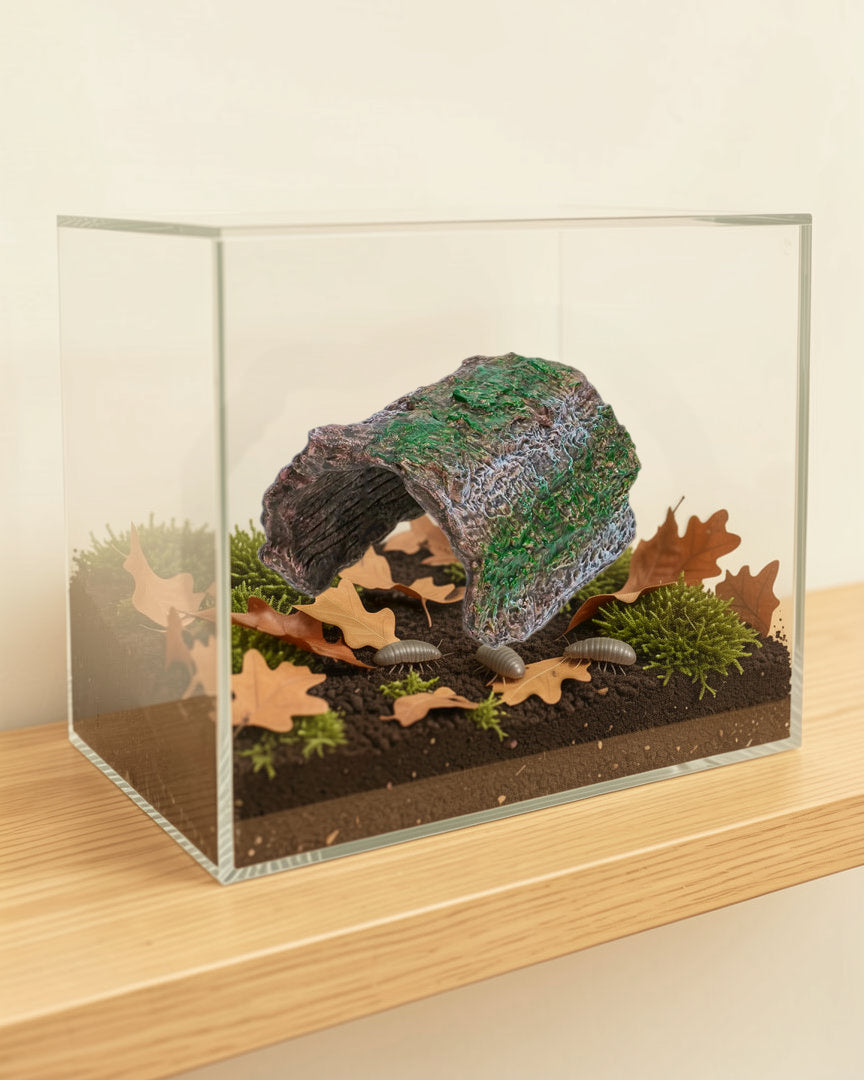 Resin bark hide on soil with isopods beside it; the isopods, soil, leaves, moss and enclosure are not included