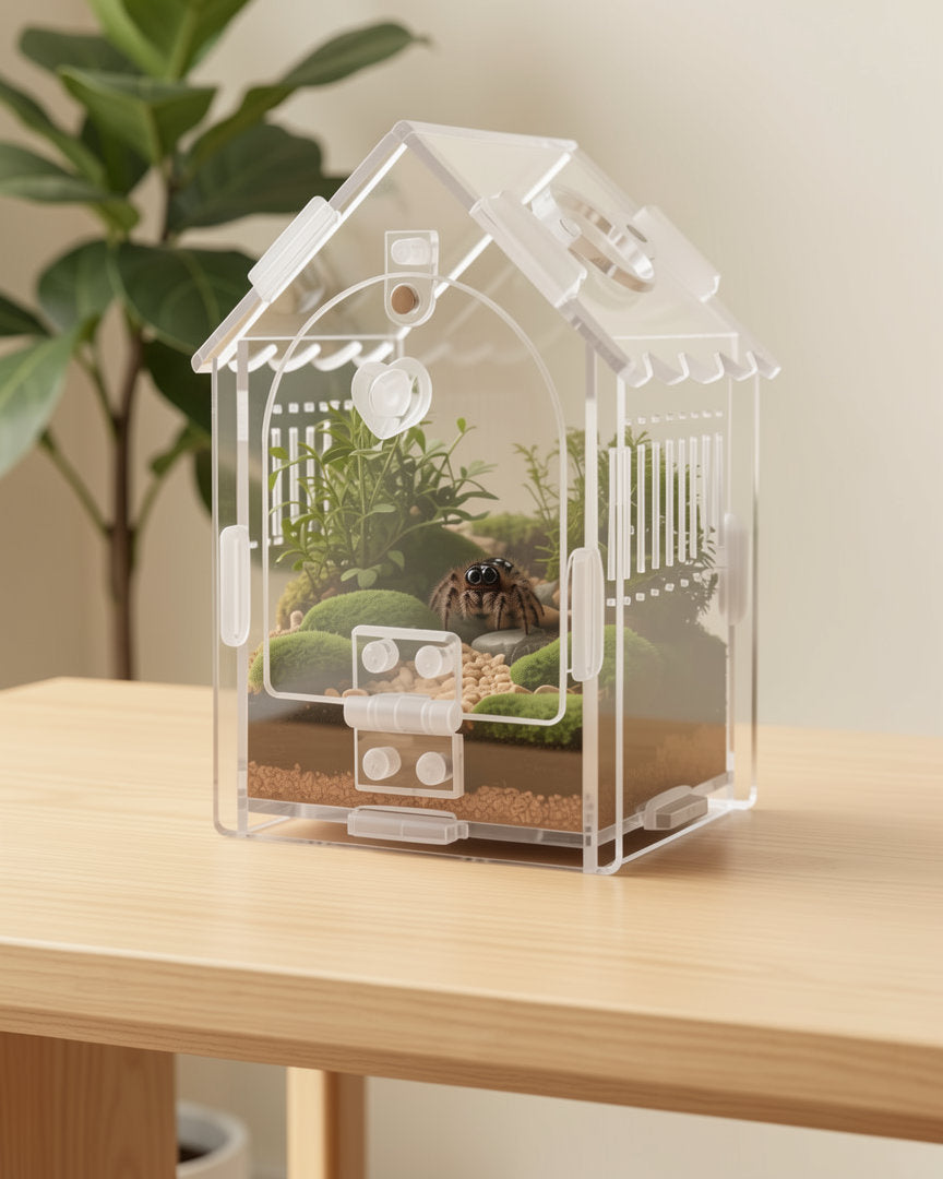 Acrylic jumping spider house on a windowsill with a jumping spider inside; the spider, moss, plants and stones are not included