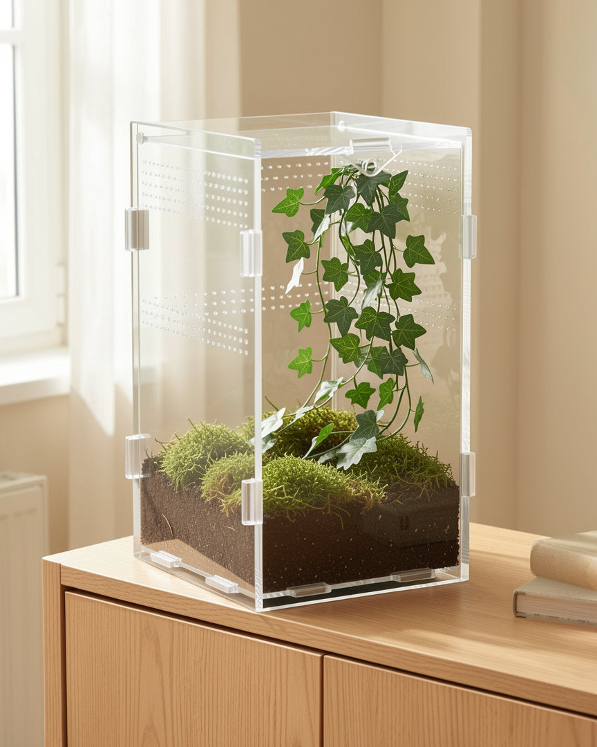 Artificial ivy climbing the back wall of an enclosure that is not included