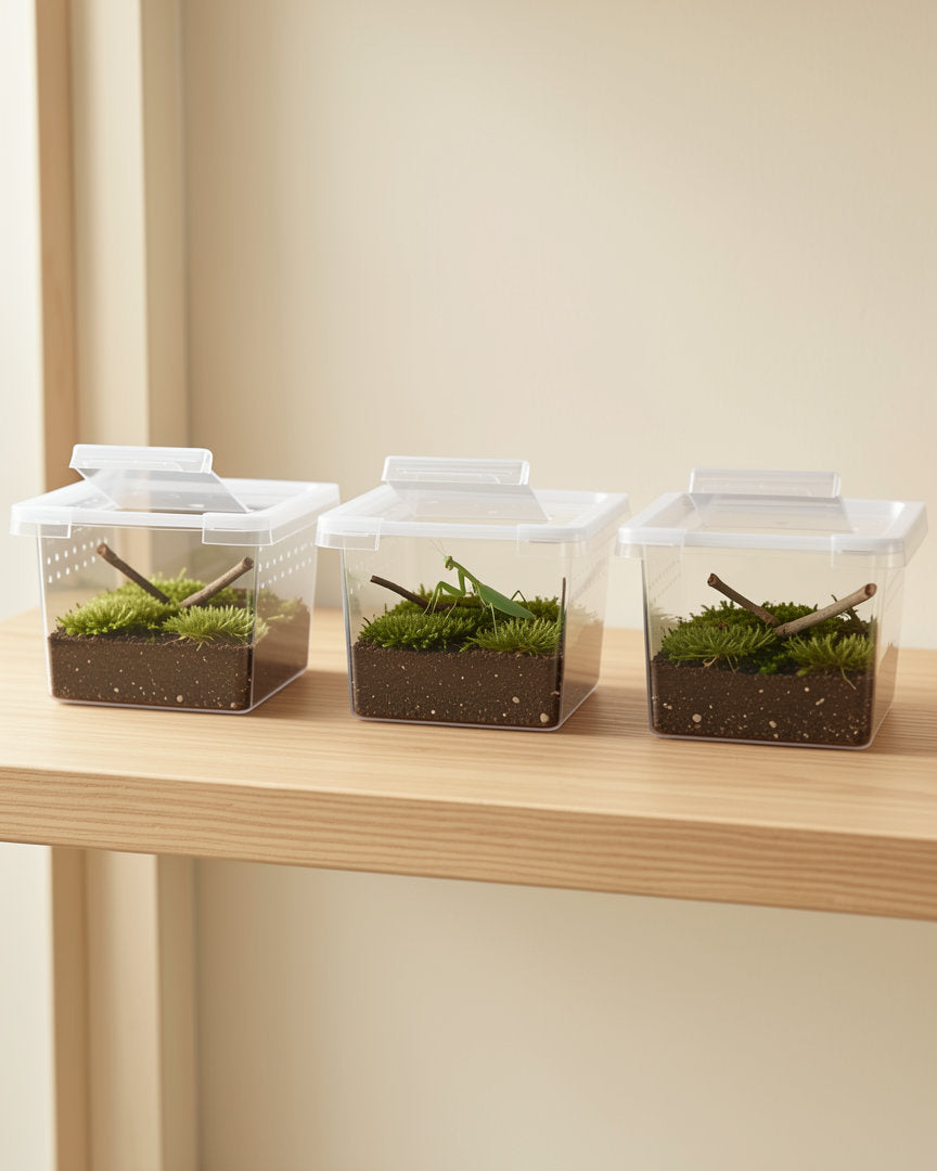 Three nursery boxes on a shelf, one with a mantis nymph; the nymph, soil, moss and twigs are not included