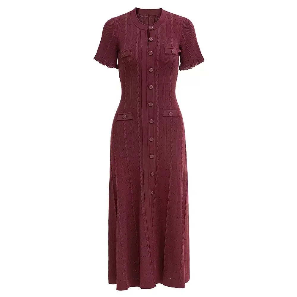 Kabelgebreide midi-jurk met knoopsluiting Bordeaux