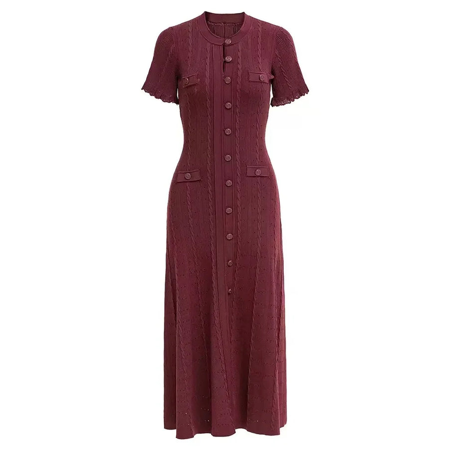 Kabelgebreide midi-jurk met knoopsluiting Bordeaux