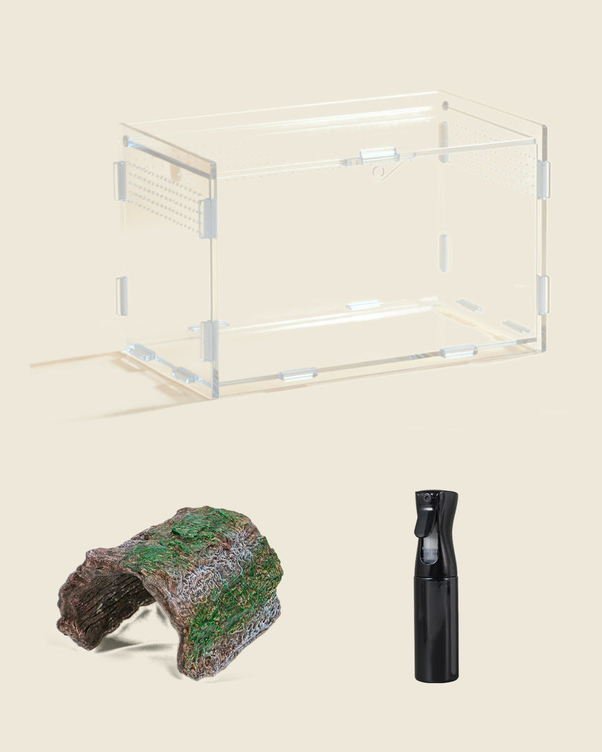 Isopod starter set: low acrylic enclosure, resin bark hide and black mist bottle, studio photo