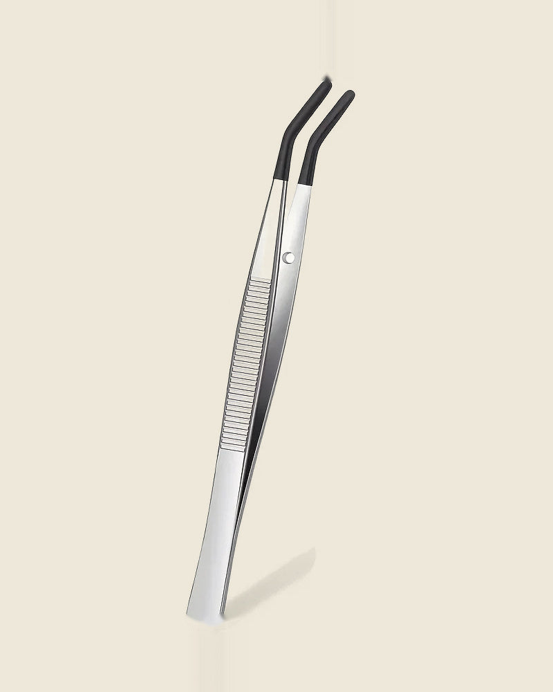 Feeding tweezers with rubber tips, curved tip